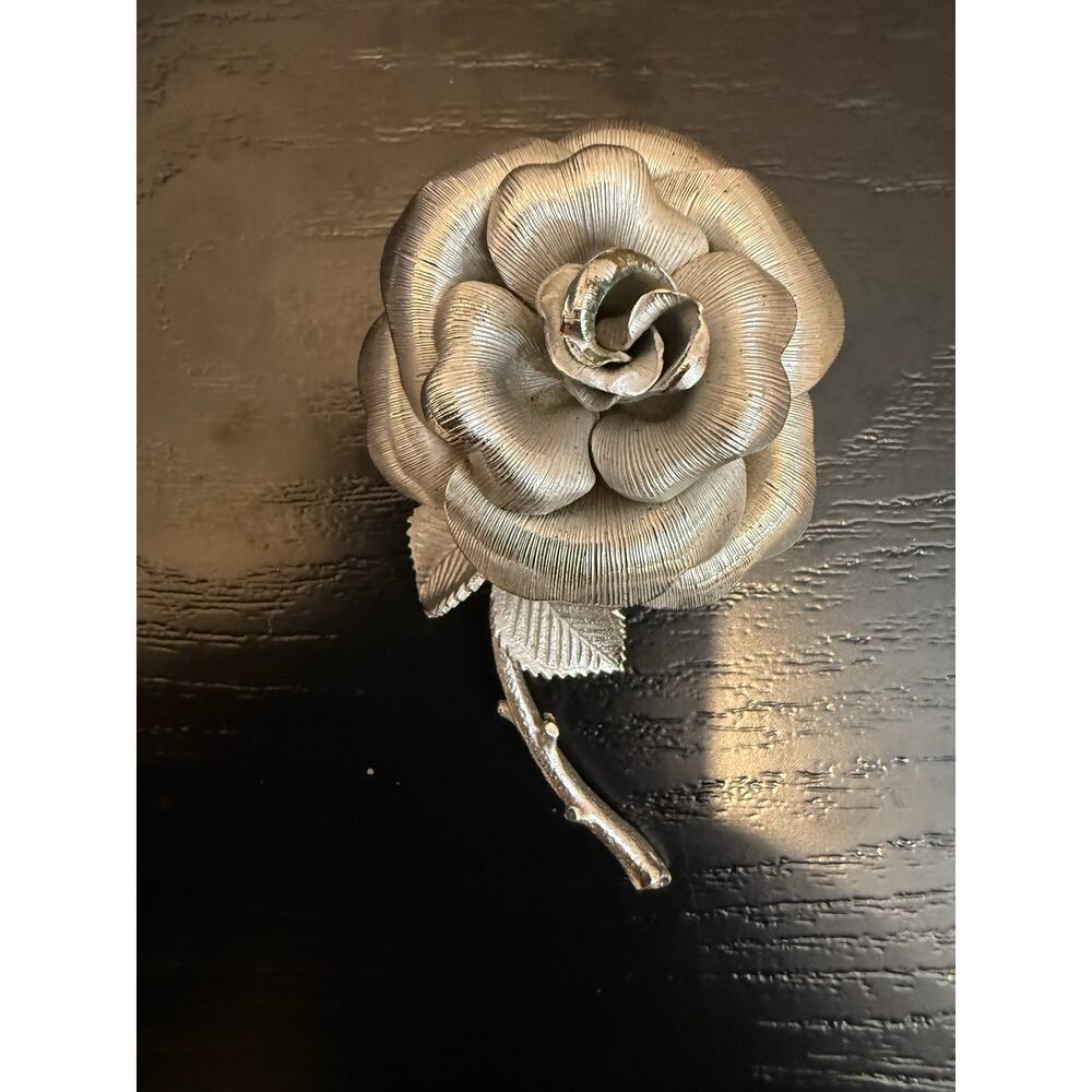 Vintage Silver Tone Rose Flower Brooch Pin Large Floral Statement